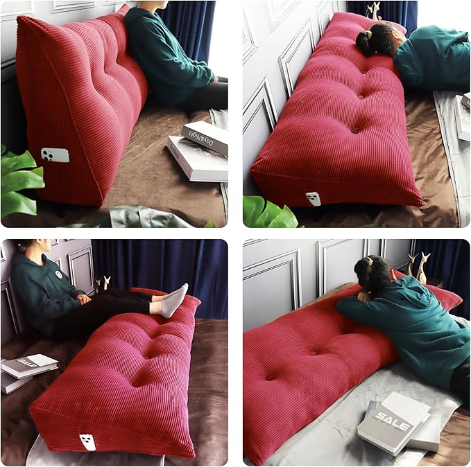 Daneey Headboard Pillow King, Triangular Wedge Headboard Pillow with Soft Corduroy Fabric, Wedge Bed Backrest Pillow for Sitting Up, Reading or Working, Long Bolster Pillow with Removable Cover, Red