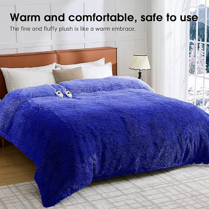 Heated Electric Blanket Queen–Faux Fur with Soft Thick SherpaWarm Winter Birthday Gifts for Women Grandma,Dual Control,10 Heat Settings,5 Time Settings, 84x90, Glacier Blue