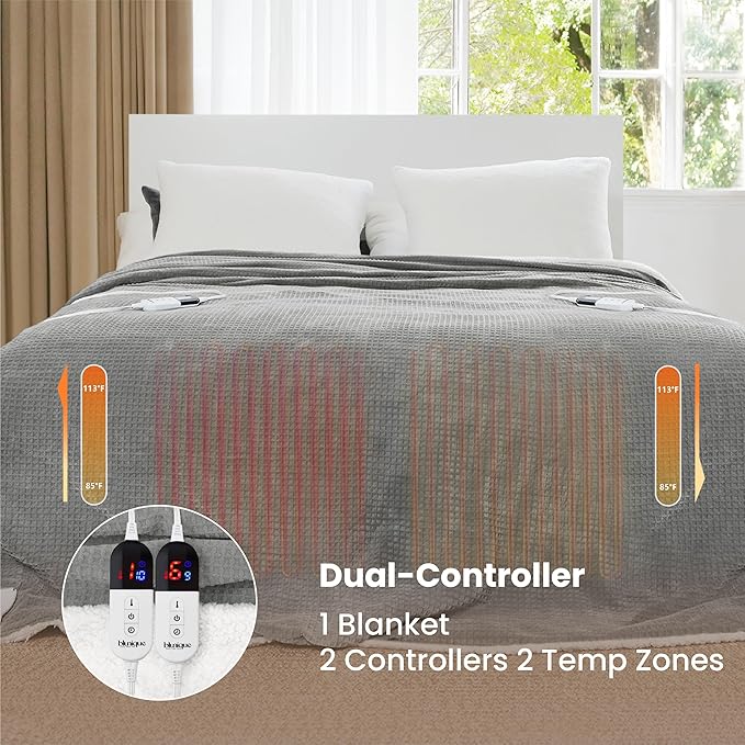 Heated Blanket Electric Blanket Queen Waffle,84x90 Inches Sherpa Fleece Fast Heating Blanket 6 Heating Levels & 10 Hours Auto Off ETL Certification, Grey Queen