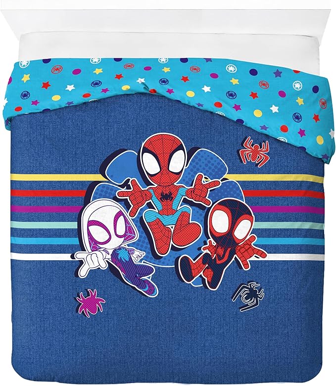 Jay Franco Kids Duvet Cover Set – 3 Piece Super Soft Bedding with Sham Pillowcase, Cover ONLY Comforter Not Included, Blue - Spidey & Friends, Queen