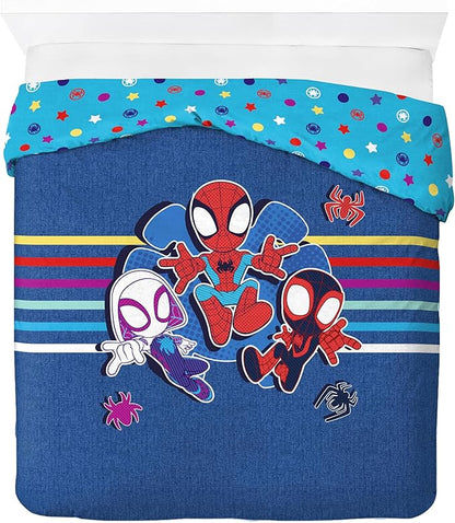 Jay Franco Kids Duvet Cover Set – 3 Piece Super Soft Bedding with Sham Pillowcase, Cover ONLY Comforter Not Included, Blue - Spidey & Friends, Queen