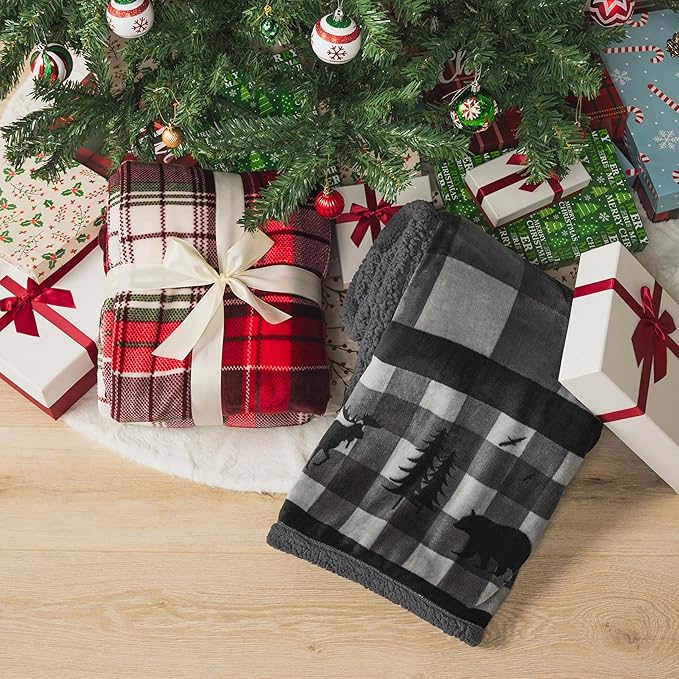 PAVILIA Red Green Christmas Plaid Sherpa Throw Blanket, Holiday Fleece Blanket 60" x 80", Soft Flannel Plush Throw for Couch, Sofa & Bed, Festive Winter Home Decor, Cozy