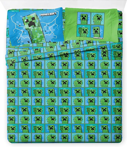Jay Franco Kids Comforter Set Includes Sheets and Pillow Covers - Soft and Cozy Bed Set for Stylish Room Decor, Green - Minecraft Creeper, 7 Piece Full Size Bedding