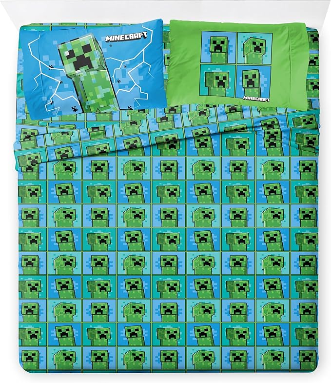 Jay Franco Kids Comforter Set Includes Sheets and Pillow Covers - Soft and Cozy Bed Set for Stylish Room Decor, Green - Minecraft Creeper, 7 Piece Queen Size Bedding
