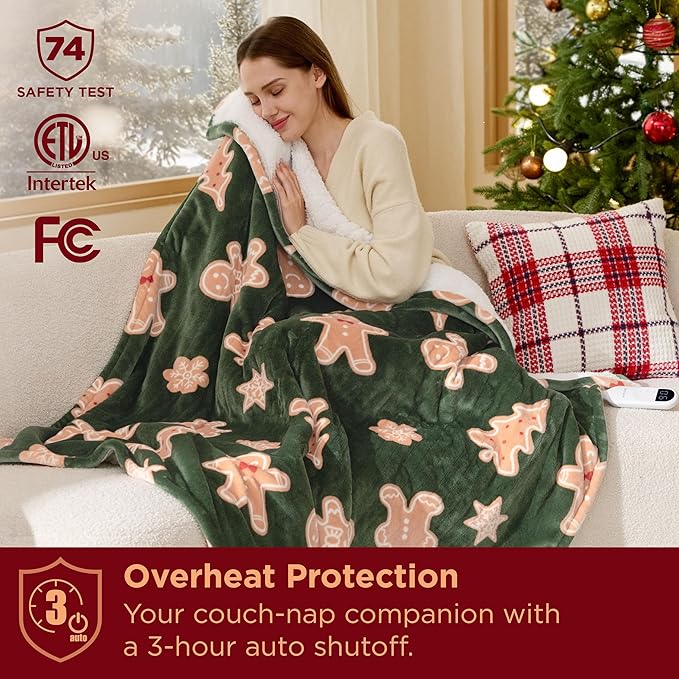 Bedsure Heated Blanket Throw - Flannel Sherpa Electric Blanket with Gingerbread Pattern, for Grandma, Heated Throw with 6 Heating Levels, 4 Time Settings, 3-Hour Auto-Off (50"x60")