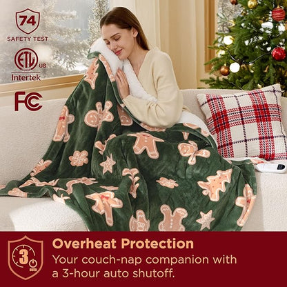 Bedsure Heated Blanket Throw - Flannel Sherpa Electric Blanket with Gingerbread Pattern, for Grandma, Heated Throw with 6 Heating Levels, 4 Time Settings, 3-Hour Auto-Off (50"x60")