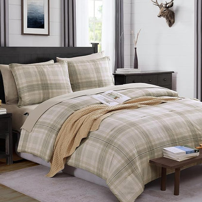 MaiRêve Plaid Queen Comforter Sets, Khaki Green Grid Farmhouse Bedding Set Bed in A Bag, Classic Checkered Comforter Sets with Fitted & Flat Sheet, Pillowcases & Shams 90"x90"