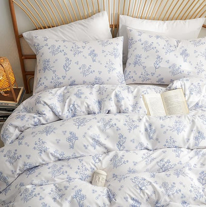Blue White Floral Duvet Cover King Size Romantic Flower Bedding Set Kids Boys Girls Women 3Pcs Hand Drawn Style Botanical Spring Aesthetic Leaves Reversible Comforter Cover with 2 Pillowcases