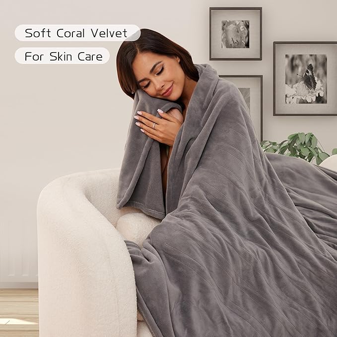 Electric Heated Blanket 72"x84" Full Size, Soft Coral Fleece with 4 Heating Levels and 10 Hours Auto-Off, Machine Washable, Cozy Plush Fabric for Home, Light Gray