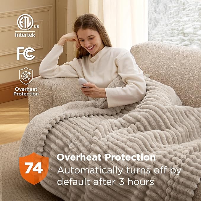 Bedsure Heated Blanket Electric Throw - Thick Striped Flannel Electric Blanket, Heating with 4 Time Settings, 6 Heat Settings, and 3-Hour Timer Auto Shut Off, Gift for Grandma (50x60 inches, Linen)