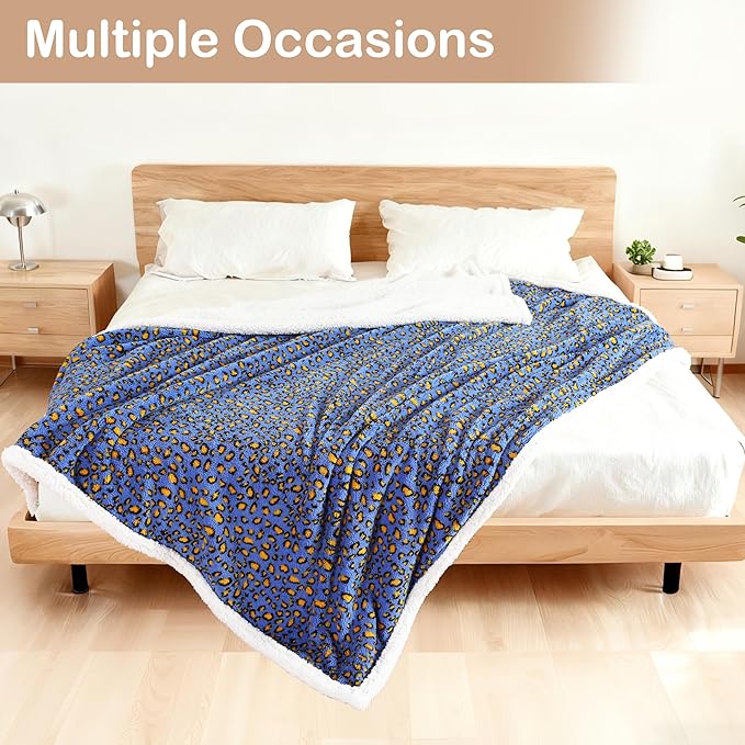Electric Heated Blanket Throw 50"×60" with 6 Heating Levels &3 Hours Auto Off, Heating Double Sided Plush Sherpa, Fast Heating, Machine Washable Leopard Print Blue & Yellow