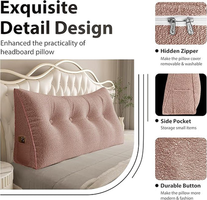 8 lbs Thickened Twin Wedge Pillow Headboard College Dorm Bed Velvet Wedge Pillow Backrest Triangular Headboard Pillows with Side Pocket, Dorm Bedding Essentials for Girls & Boys, Pink