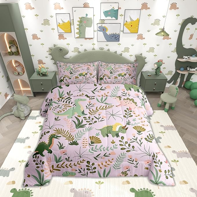 Castle Fairy Cute Dino Kids Comforter Set Twin Size,Kawaii Green Dinosaur Reversible Bedding Set for Kids Girls,Cartoon Wildlife Floral Leaves Plant Quilted Duvet with 1 Pillowcase,Pink