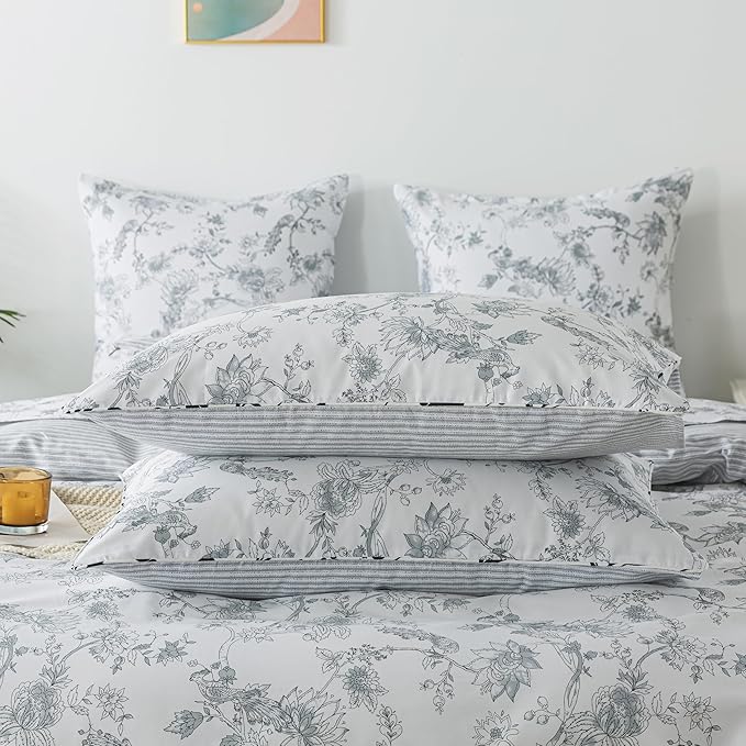FADFAY Gray and White Duvet Cover Set Shabby White Floral Farmhouse Bedding Vintage Bird Peacock Quilt Cover Set 100% Cotton Comforter Cover with Hidden Zipper Closure 3Pcs, King/California King Size