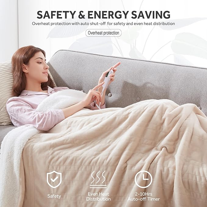 Heated Blanket Electric Blanket Full Size Soft Flannel Sherpa, 6 Heat Levels Fast Heating, 2 to 10 Hours Auto-Off Detachable Controller Machine Washable, Beige 72"x84"