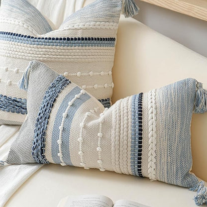 BlissBlush Coastal Blue Boho Decorative Throw Pillow Cover 20x20 Modern Bohemian Accent Pillow Case Square Woven Textured Farmhouse Pillows for Couch Bed (Pack of 1)