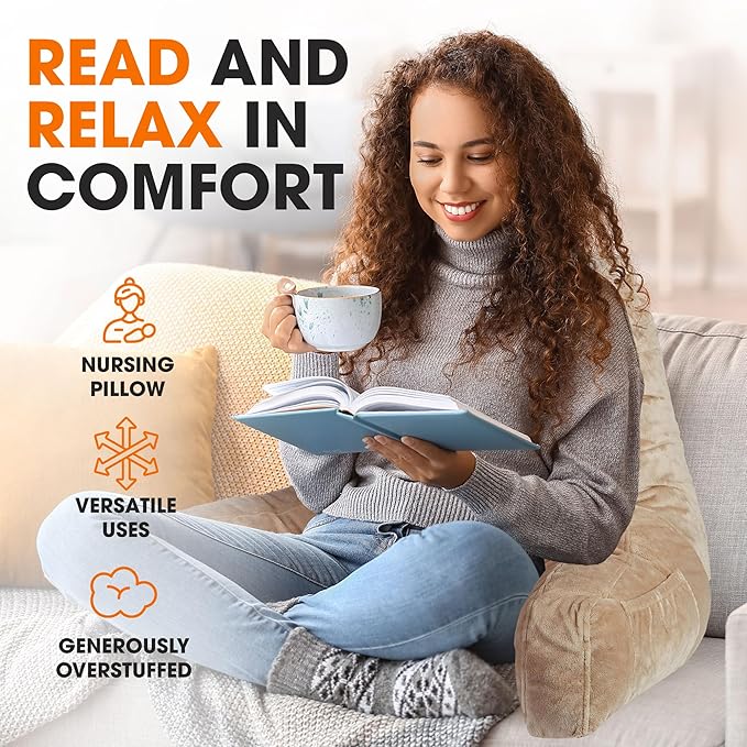 Cheer Collection Reading Pillow with Arms – Portable Bed Pillow for Sitting Up & Support, Foam-Filled Back Rest Pillow for Sitting in Bed & Couch, Machine Washable Taupe (Small)