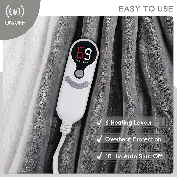 Heated Blanket Electric Blanket Full Size 72''x84'', Soft Flannel Heating Blanket with 1-10 Hour Auto Off - 6 Heat Settings - Machine Washable - Light Grey