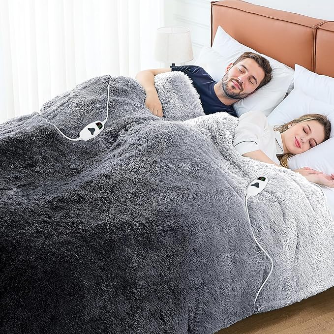 Heated Electric Blanket Queen–Faux Fur with Soft Thick SherpaWarm Winter Birthday Gifts for Women Grandma,Dual Control,10 Heat Settings,5 Time Settings, 84x90, Foggy Dusk