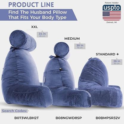 Husband Pillow Dark Blue, Original Reading Pillow in Bed Rest Chair, Shredded Memory Foam Large Lounge Cushion Adult Backrest with Arms, Comfy Back Support for Sit Sitting Up, Wash/Removable Cover