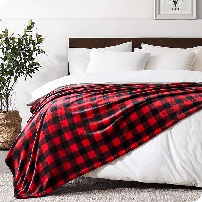 Bare Home Textured Fleece Blanket - Twin/Twin Extra Long - Ultra-Soft Lightweight for Bed, Sofa, and Couch - Luxury Microplush - Cozy Warm Blanket (Twin/Twin XL, Chester Buffalo Plaid - Red/Black)