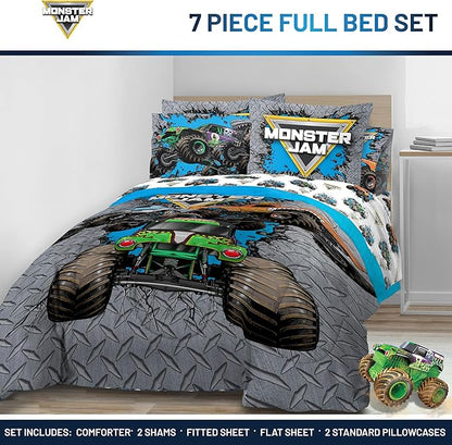 Jay Franco Kids Comforter Set Includes Sheets and Pillow Covers - Soft and Cozy Bed Set for Stylish Room Decor, Gray - Monster Jam 01, 7 Piece Full Size Bedding