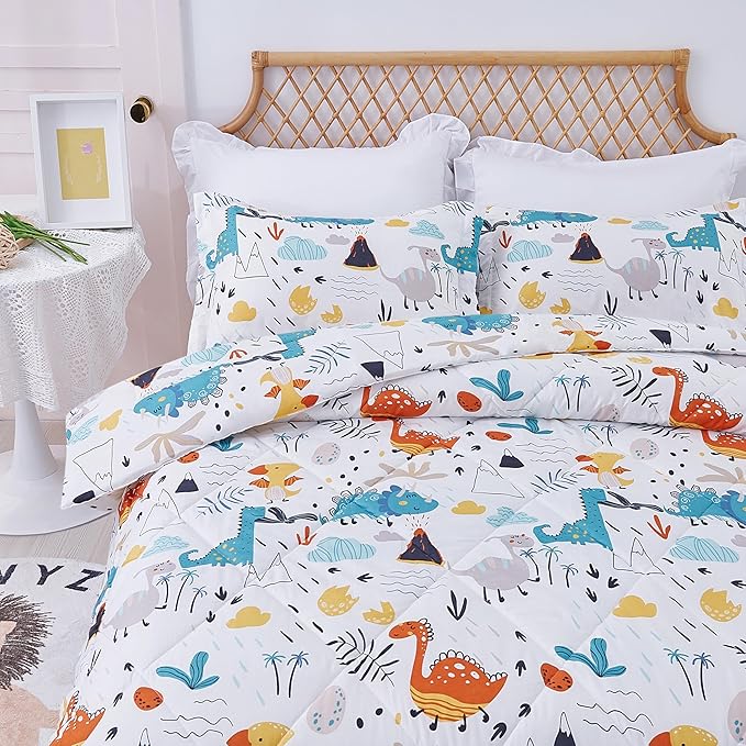 JSD Dinosaur Kids Comforter Set Twin Size, 2 Piece Microfiber Comforter with Pillow Sham, Lightweight All Season Washable