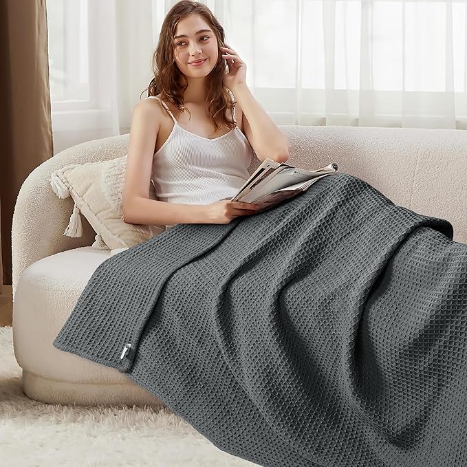 Tex Trend 100% Cotton Blankets King Size – Durable and Versatile Waffle Weave Blankets for Christmas & Year Round Coziness – Breathable & Lightweight - Grey (90”x108”)