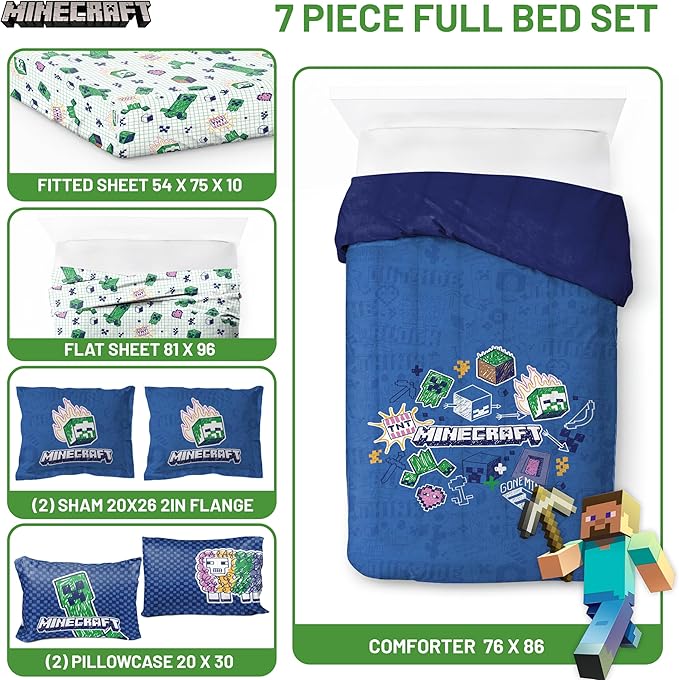 Jay Franco Kids Comforter Set Includes Sheets and Pillow Covers - Soft and Cozy Bed Set for Stylish Room Decor, Blue - Minecraft 02, 7 Piece Full Bedding