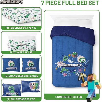 Jay Franco Kids Comforter Set Includes Sheets and Pillow Covers - Soft and Cozy Bed Set for Stylish Room Decor, Blue - Minecraft 02, 7 Piece Full Bedding