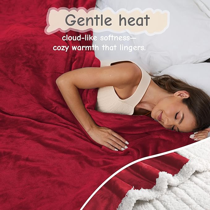 Electric Heated Blanket Throw Size 50"x60", Soft Flannel with Overheat Protection, 6 Adjustable Heat Settings & 3-Hour Auto-Off Timer, Fast Heating for Winter Comfort, Red