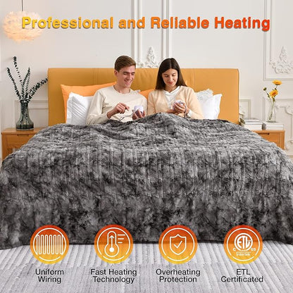 WOOMER Heated Blanket Queen Size 84" x 90", Electric Blanket with 0.5-12 Hours Timer & 10 Heating Levels, ETL Certified, Marble Gray Double-Sided Faux Fur, Machine Washable