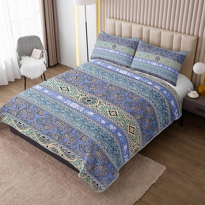 Blue Bohemian Quilt Set King Size,Boho Striped Printed Bedding Bedding Set for Summer,Retro Soft Lightweight Microfiber Quilt with 2 Pillowcases.