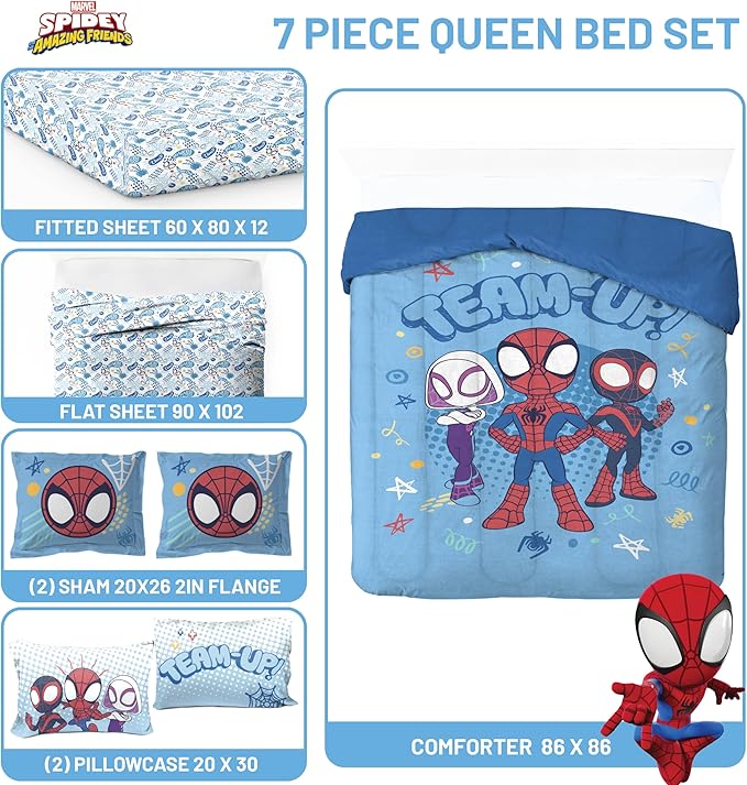 Jay Franco Kids Comforter Set Includes Sheets and Pillow Covers - Soft and Cozy Bed Set for Stylish Room Decor, Light Blue - Spidey & His Amazing Friends, 7 Piece Queen Bedding