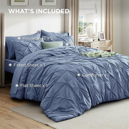 Bedsure King Size Comforter Set Slate Blue - Bed in a Bag Bedding Set 7 Pieces, GentleSoft™ Pintuck Bed Set Gift for Family, Pinch Pleat Slate Blue Comforter with Sheets, Pillowcases & Shams