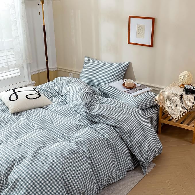 BuLuTu Blue Check Duvet Cover Set Queen Cotton Soft Breathable Bedding Duvet Cover for Kids Boys Blue White Buffalo Plaid Comforter Cover Set 【 3Pcs -1 Queen Duvet Cover Set + 2 Pillowcases】