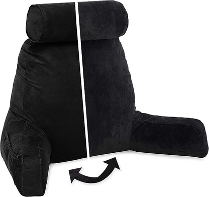 Husband Pillow XXL Aspen Edition, Adult Reading Sit Up Bed Rest Pillow for Bed with Arms & Neck Roll on Bungee Cord - Premium Memory Foam - Reversible 2 Sided Cover Micro Suede or Plush, Stable Black