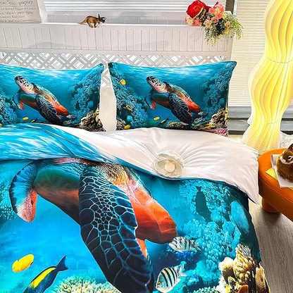 CVHOUSE Sea Turtle Bedding Set,Ocean Beach Duvet Cover Set Queen Size,Turtle Comforter Cover for Boys Kids Girls(1 Quilt Cover 2 Pillowcases 3 Piece)