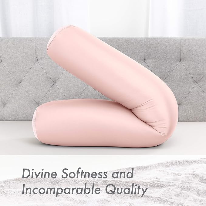 Straight Body Pillow, Full Size Premium Microbead,Side Sleeping/Maternity Pregnant Women, Supportive,Fluffy, Breathable, Cooling, 85/15 Spandex/Nylon Silky Feel Anti-Aging - 48 X 8 - Cream Peach