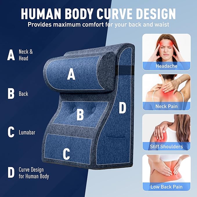 Daneey Reading Pillows for Sitting in Bed Adult Back Pillow Sitting Up, Back Support Pillow for Bed, Foam Wedge Pillow for Neck, Lumbar, Back, Blue, 20 * 9 * 22IN