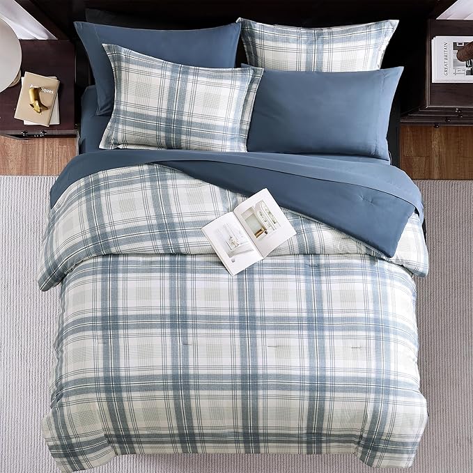 MaiRêve Plaid Twin XL Comforter Set, Blue Grey Grid Bedding Set for Boys & Girls, Classic Checkered Bed in A Bag Comforter Sets with Fitted & Flat Sheet, Pillowcase & Sham(Blue Grey, 66"x90")