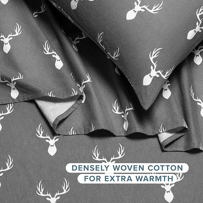 Bare Home Flannel Sheet Set Prints, 100% Cotton, Velvety Soft Heavyweight - Double Brushed Flannel for Extra Softness & Comfort - Deep Pocket - Bed Sheets (Twin, Stag)