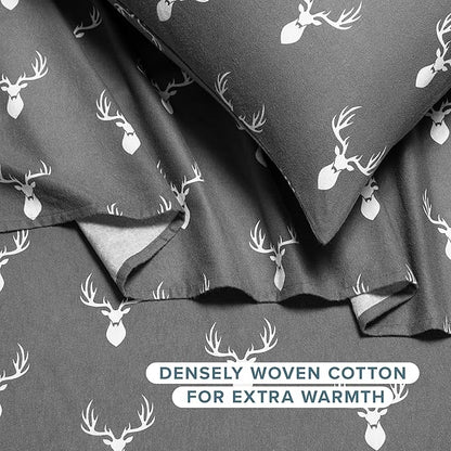 Bare Home Flannel Sheet Set Prints, 100% Cotton, Velvety Soft Heavyweight - Double Brushed Flannel for Extra Softness & Comfort - Deep Pocket - Bed Sheets (Twin, Stag)