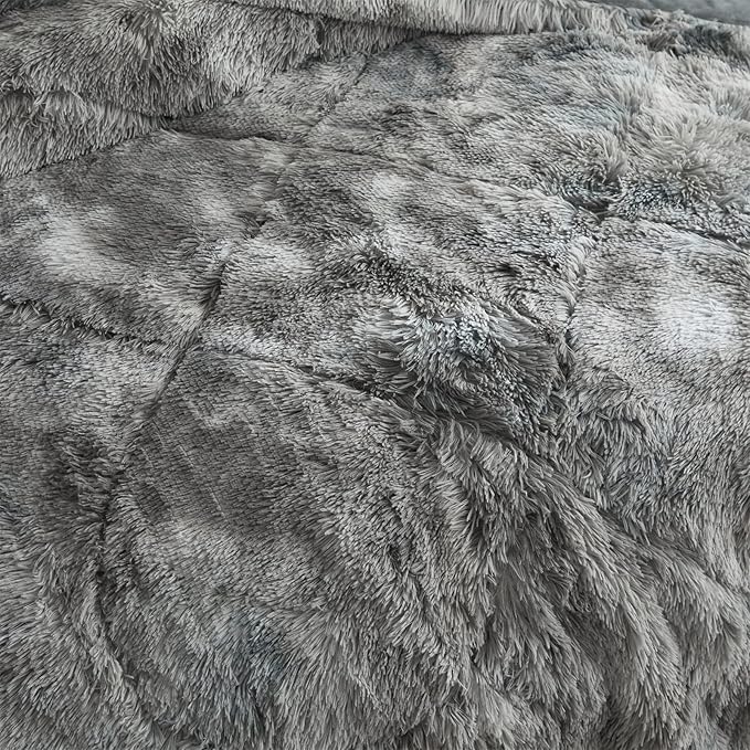 Wajade Faux Fur Plush White Comforter Set Fluffy Fuzzy Shaggy Bedding Set - 3PC Full/Queen Microfiber Soft Warm Quilt Set (Tie Dye Grey White, Full)