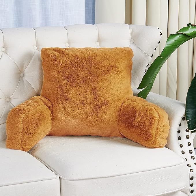 Home Soft Things Fox Faux Fur Bedrest Reading Pillow with Handle and Side Pocket, Backrest Armrest Pillow Back Support for Sitting up in Bed,20" x 18" x 17", Burnt Orange