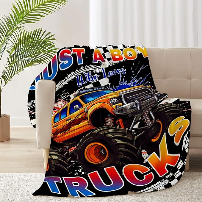 Trucks Blanket, Just A Boy Who Loves Trucks Gifts for Kids, Car Themed Flannel Blankets, Soft Cozy Lightweight Throws Gifts for Truck Lovers & Boys 40x50 Inch for Kid