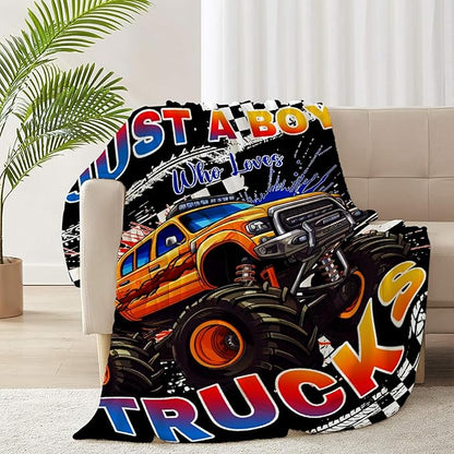 Trucks Blanket, Just A Boy Who Loves Trucks Gifts for Kids, Car Themed Flannel Blankets, Soft Cozy Lightweight Throws Gifts for Truck Lovers & Boys 40 x 30 Inch for Baby