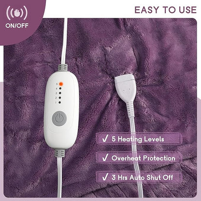 Heated Blanket Electric Throw 50''x60'', 3 Hour Auto Shut-Off 5 Heating Levels Small Warm Soft Flannel Electric Blanket Machine Washable - Purple