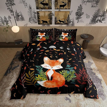 Castle Fairy Kawaii Fox Comforter Set Queen Size Lovely Animal Bedding Set for Kids Boys Girls Bedroom Decoration Fallen Leaves Bed Duvet Insert Plants Leaf Comforter with 2 Pillowcase