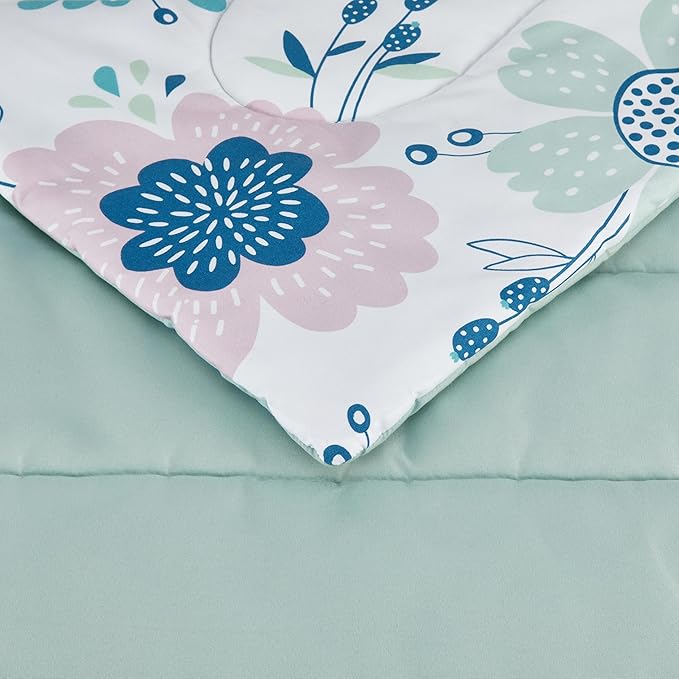 Amazon Basics 2-Piece Soft, All-Season Microfiber Kids' Comforter and Pillow Sham Set, Twin, Purple Flowers, Bluish Pink, Floral